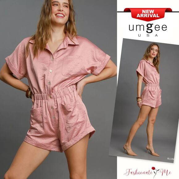 Umgee Button Down Side Pockets Short Sleeves Relaxed Charmeuse Romper | Blush - Picture 1 of 6